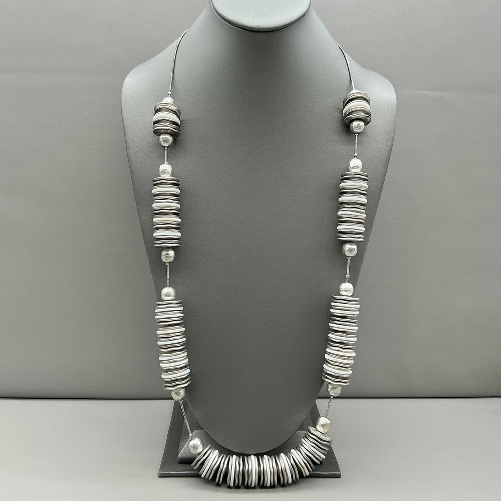 Chicos Necklace Silver Tone White Disc Beads Statement Chunky 24 In Womens